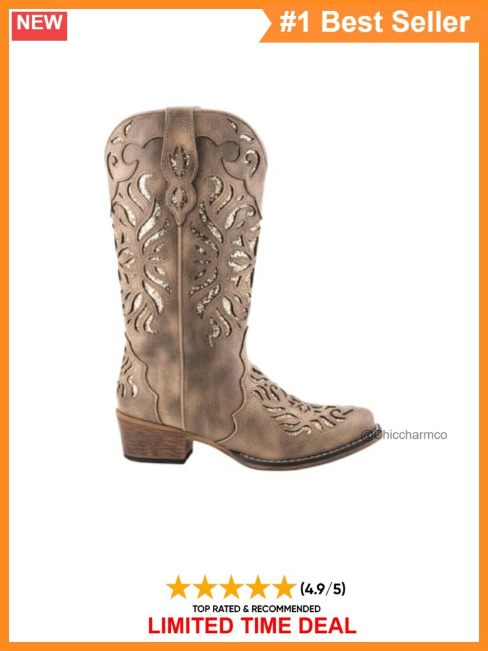 Faux Leather Glitter Mid-Calf Snip Toe Western Boots